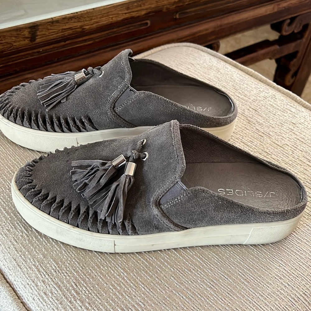 J/SLIDES Grey Suede Tassel Slip Ons